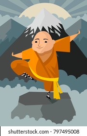 chubby cute shaolin warrior in mountain