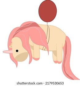 chubby cute unicorn with a lush mane flies on a balloon