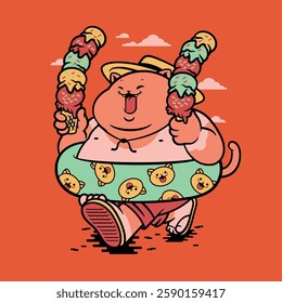 Chubby Fat Funny Cat with Ice Cream, Beach Vacations Character Design 