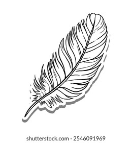 Chubby Feather Outline on white silhouette and gray shadow. Hand drawn cartoon style. Vector illustration for decorate and any design.