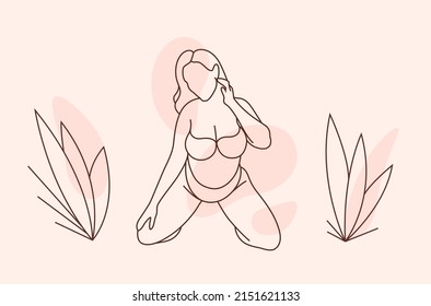 Chubby Female Underwear Illustration. Drawn Plus Size Teen Body. Minimalistic Linear Body Positive Woman. Vector Big Feminist Lady. Feminist Print. Line Art Cute Poster. Confident Lady. Diet Figure