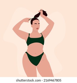 Chubby Female Underwear Illustration. Drawn Plus Size Teen Body. Vector Big Feminist Lady. Feminist Print.cute Poster. Confident Lady. Diet Figure