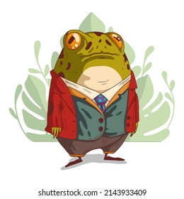 A chubby frog, vector illustration. Elegant anthropomorphic bullfrog against monstera leafage. Cartoon illustration of a serious trendy dressed humanized toad. An animal character with a human body