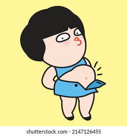 Chubby Funny Woman Cannot Button Up Her Skirt. Belly Fat Belly Tummy Concept Card Character illustration