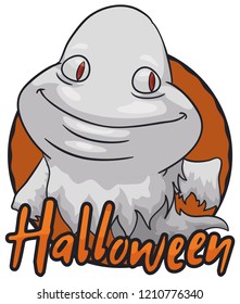 Chubby ghost saluting at you over round button with a mischievous face for Halloween celebration.
