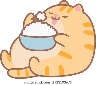 Gato de jengibre gordo sentado y comiendo Clipart de Vector de arroz