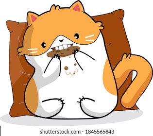 Chubby ginger cat-hamster eats cookies lounging on a pillow