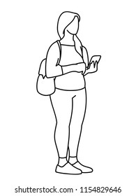Chubby girl with backpack standing, looking at mobile phone. Vector illustration of young woman checking social networks. Concept. Black lines on white background. Virtual communication.