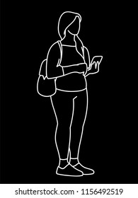 Chubby girl with backpack standing, looking at mobile phone. Vector illustration of young woman checking social networks. Concept. White lines on black background. Virtual communication.