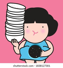 A Chubby Girl With Black Hole Galaxy Universe Space At Center Of Her Big Fat Tummy Holding Stack Of Empty Dirty Dishes After Eaten Concept Card Character illustration