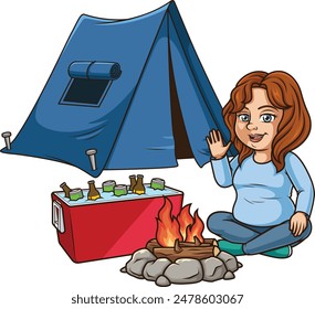 Chubby girl camping vector illustration