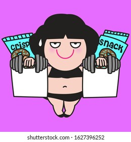 Chubby Girl Carrying Dumbbells Plastic Bag With Donuts, Bag Of Snacks And Crisps Inside. Hopeless Weight Loser Concept Card Character illustration