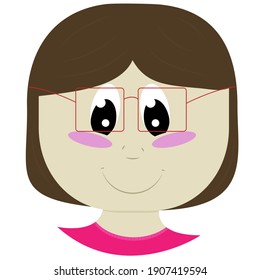 chubby girl in glasses with short brown hair in a pink sweater, baby face and head in flat style, vector illustration