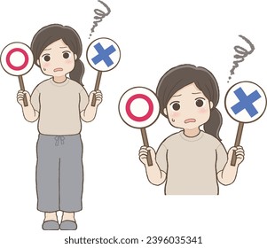 Chubby Girl Holding a Check and Cross Sign, Tilting Her Head in Confusion
