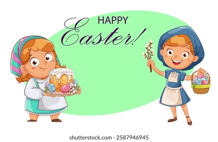 A chubby girl holds an Easter cake, a pretty girl holds a basket with colored eggs. Happy Easter greeting card