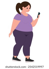 Chica gordita mirando su teléfono celular, linda ilustración de niña gorda