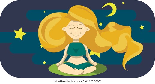 A chubby girl on top of the lawn enjoys the peace of the night in a lotus position develops her long blonde hair.