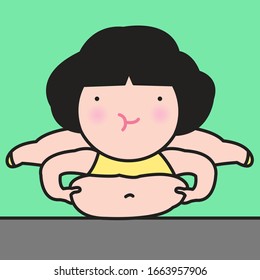 Chubby Girl Pinching Her Fat Belly While Doing Yoga Tummy Stand Variation Isolated On Green Background Concept Card Character illustration