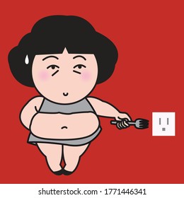 Chubby Girl Plugging Fork Into Electrical Socket To Stop Herself From Over Eating Concept Card Character illustration