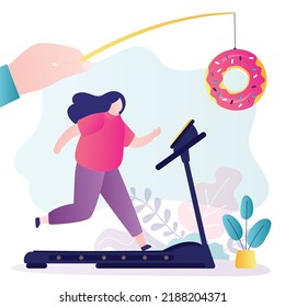 Chubby Girl Running On Treadmill. Coach Motivates Woman To Sports With Donut. Female Character With Obesity Problems. Person Doing Cardio Workout For Sweets. Healthy Lifestyle. Vector Illustration