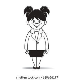 chubby girl standing with coat & skirt in black & white-vector drawing