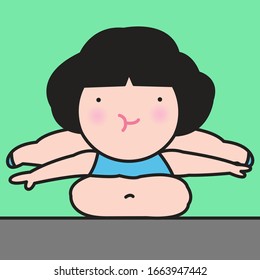 Chubby Girl Stretching Arm While Doing Yoga Tummy Stand Variation Isolated On Green Background Concept Card Character illustration