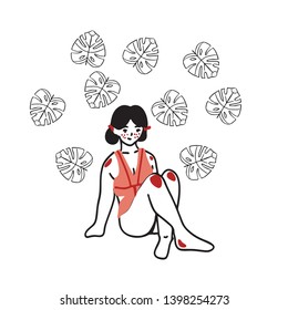 Chubby girl in swimsuit in flat linear style for decorative aims