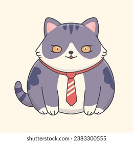 a chubby gray cat in a red tie. Business Style. 