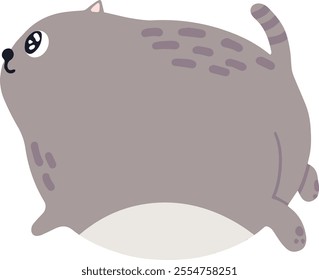 Chubby gray cat running and looking up, featuring a striped tail and light gray belly, perfect for children's books and playful pet product branding