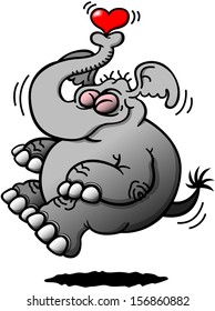 Chubby gray elephant smiling, clenching his eyes and having fun while starting to rise from the ground after having blown a red heart bubble with his trunk