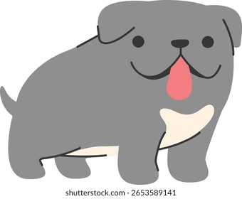 Perro de dibujos animados gris gordita con el vientre y la lengua claros, sentado con confianza, ideal para paquetes de pegatinas, marca de tienda de mascotas o libros educativos.