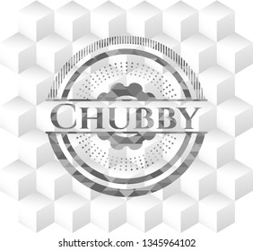 Chubby grey emblem. Retro with geometric cube white background