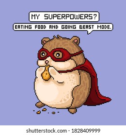 Chubby hamster eats cookies in beautiful pixel art. 16 bit unknown superhero who loves to eat. Character for stickers, video games, animation, coloring pages, printing T-shirts, mugs. Funny Gym Quotes