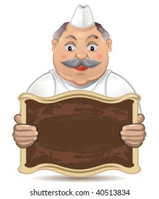chubby happy baker holding a blank sign