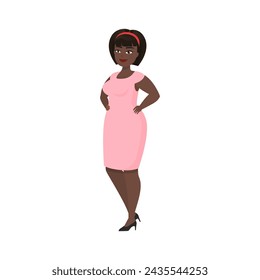 Chubby happy woman with short hair and pink dress standing in confident pose vector illustration