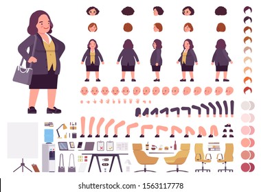 Chubby heavy kind businesswoman with round belly construction set. Overweight, plus size formal wear, fat body shape creation elements to build own design. Vector illustration