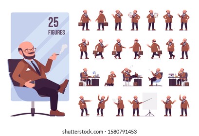 Chubby heavy man with a belly character set. Overweight and fat body shape, middle aged bold guy. Big men fashion, plus size formal wear. Full length, different views, gestures, emotions and poses