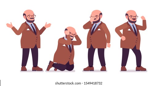 Chubby heavy man with belly negative emotions. Overweight, fat body shape. Middle age bold guy, kind civil service worker. Big men fashion plus size formal wear. Vector flat style cartoon illustration