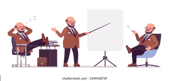 Chubby heavy man with belly in the office. Overweight, fat body shape. Middle aged bold guy, kind civil service worker. Big men fashion, plus size formal wear. Vector flat style cartoon illustration