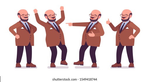 Chubby Heavy Man With Belly Positive Emotions. Overweight, Fat Body Shape. Middle Age Bold Guy, Kind Civil Service Worker. Big Men Fashion Plus Size Formal Wear. Vector Flat Style Cartoon Illustration