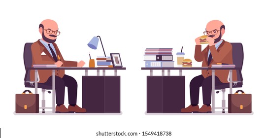 Chubby heavy man with belly sitting at desk. Overweight, fat body shape. Middle aged bold guy, kind civil service worker. Big men fashion, plus size formal wear. Vector flat style cartoon illustration