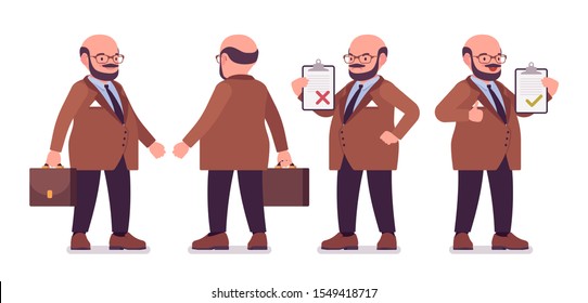 Chubby Heavy Man With Belly Standing. Overweight And Fat Body Shape. Middle Aged Bold Guy, Kind Civil Service Worker. Big Men Fashion, Plus Size Formal Wear. Vector Flat Style Cartoon Illustration