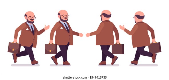 Chubby Heavy Man With Belly Walking, Running, Overweight, Fat Body Shape. Middle Aged Bold Guy, Kind Civil Service Worker. Big Men Fashion Plus Size Formal Wear. Vector Flat Style Cartoon Illustration