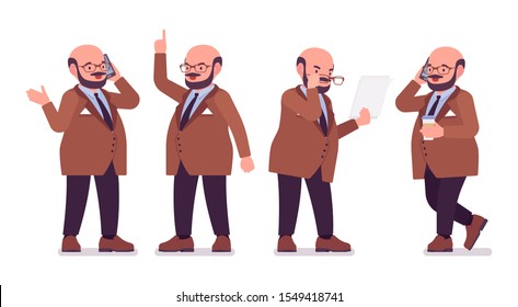 Chubby heavy man with belly at work. Overweight and fat body shape. Middle aged bold guy, kind civil service worker. Big men fashion, plus size formal wear. Vector flat style cartoon illustration