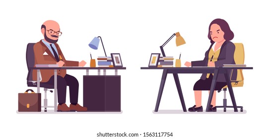 Chubby heavy man and curvy woman working in the office. Overweight, fat body shape, round kind civil service worker. Big people fashion, plus size formal wear. Vector flat style cartoon illustration