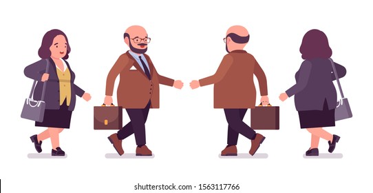 Chubby Heavy Man And Curvy Woman With Belly Walking. Overweight And Fat Body Shape, Round Kind Civil Service Worker. Big People Fashion, Plus Size Formal Wear. Vector Flat Style Cartoon Illustration