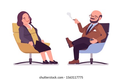 Chubby heavy man and curvy woman with belly resting. Overweight and fat body shape, round kind civil service worker. Big people fashion, plus size formal wear. Vector flat style cartoon illustration