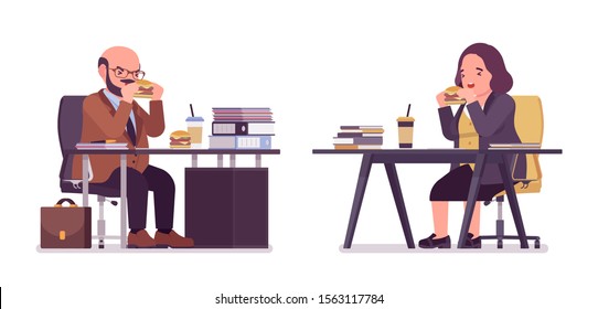 Chubby heavy man and curvy woman eating lunch at desk. Overweight and fat body shape, round kind civil service worker. Big people fashion, plus size formal wear. Vector flat style cartoon illustration