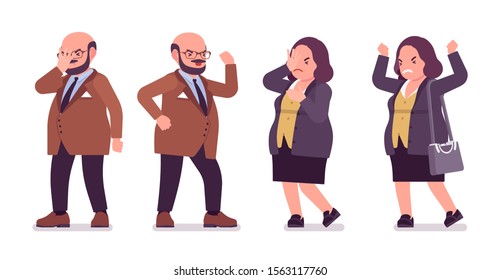 Chubby heavy negative man and angry curvy woman in rage. Overweight, fat body shape, round kind civil service worker. Big people fashion, plus size formal wear. Vector flat style cartoon illustration