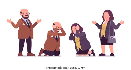 Chubby heavy negative man and curvy woman with belly. Overweight and fat body shape, round kind civil service worker. Big people fashion, plus size formal wear. Vector flat style cartoon illustration